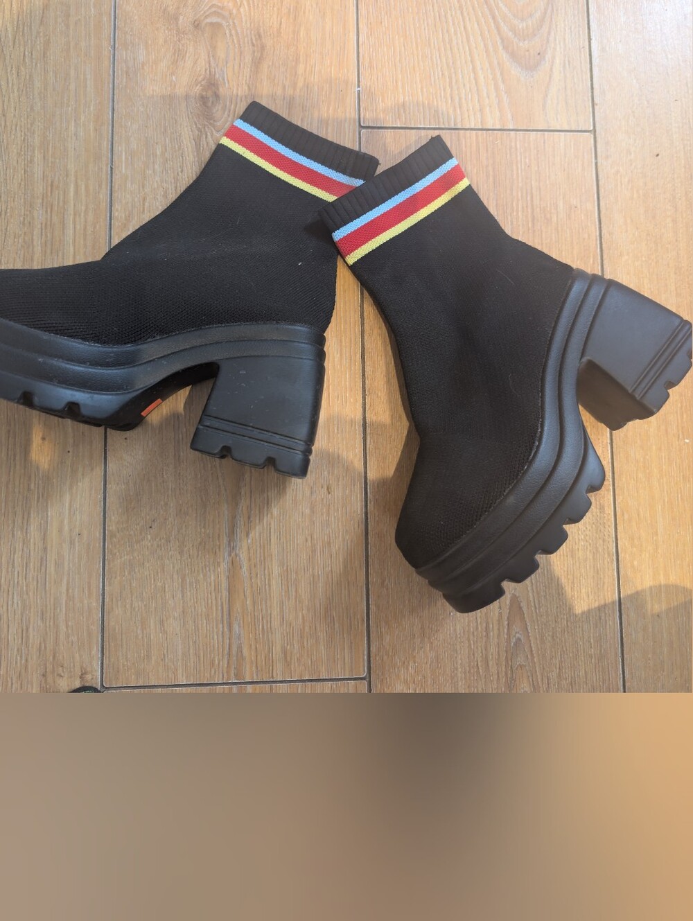 Chunky Black Knit Platform Ankle Boots with Rainbow Trim